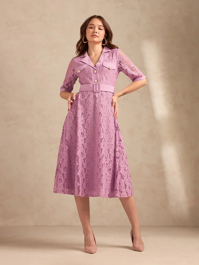 Outzidr  Lilac Lace Shirt Dress With Belt Detail for Women | Best Price UAE